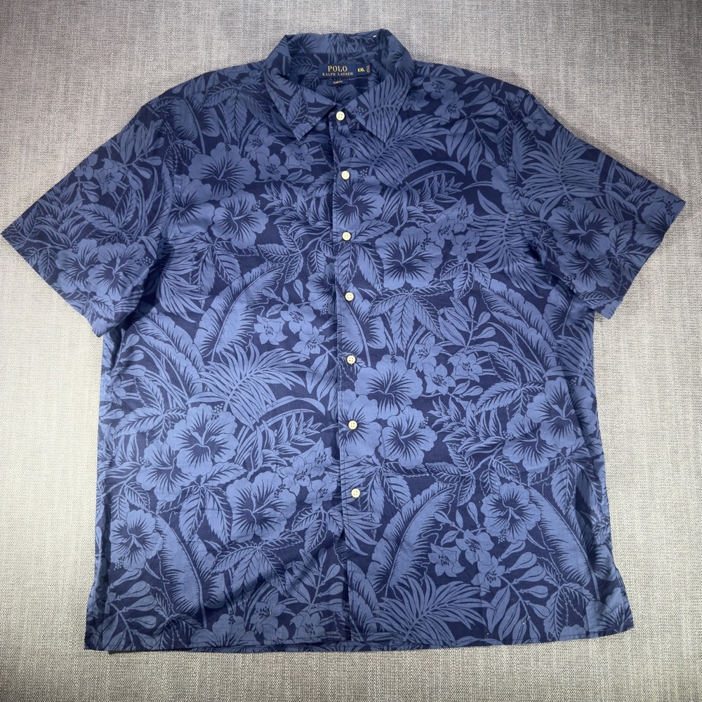 Polo Ralph Lauren Shirt Mens 2XL Blue Hawaiian Floral Slim Fit Cotton Button-Up